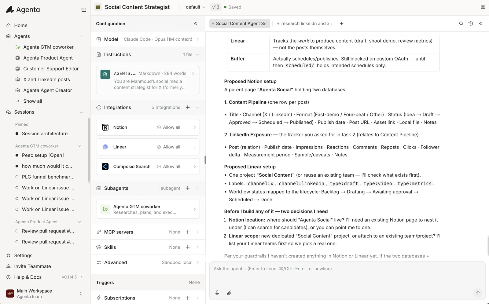 An Agenta coworker’s configuration, with model, instructions, integrations, subagents, and triggers, next to a working session.
