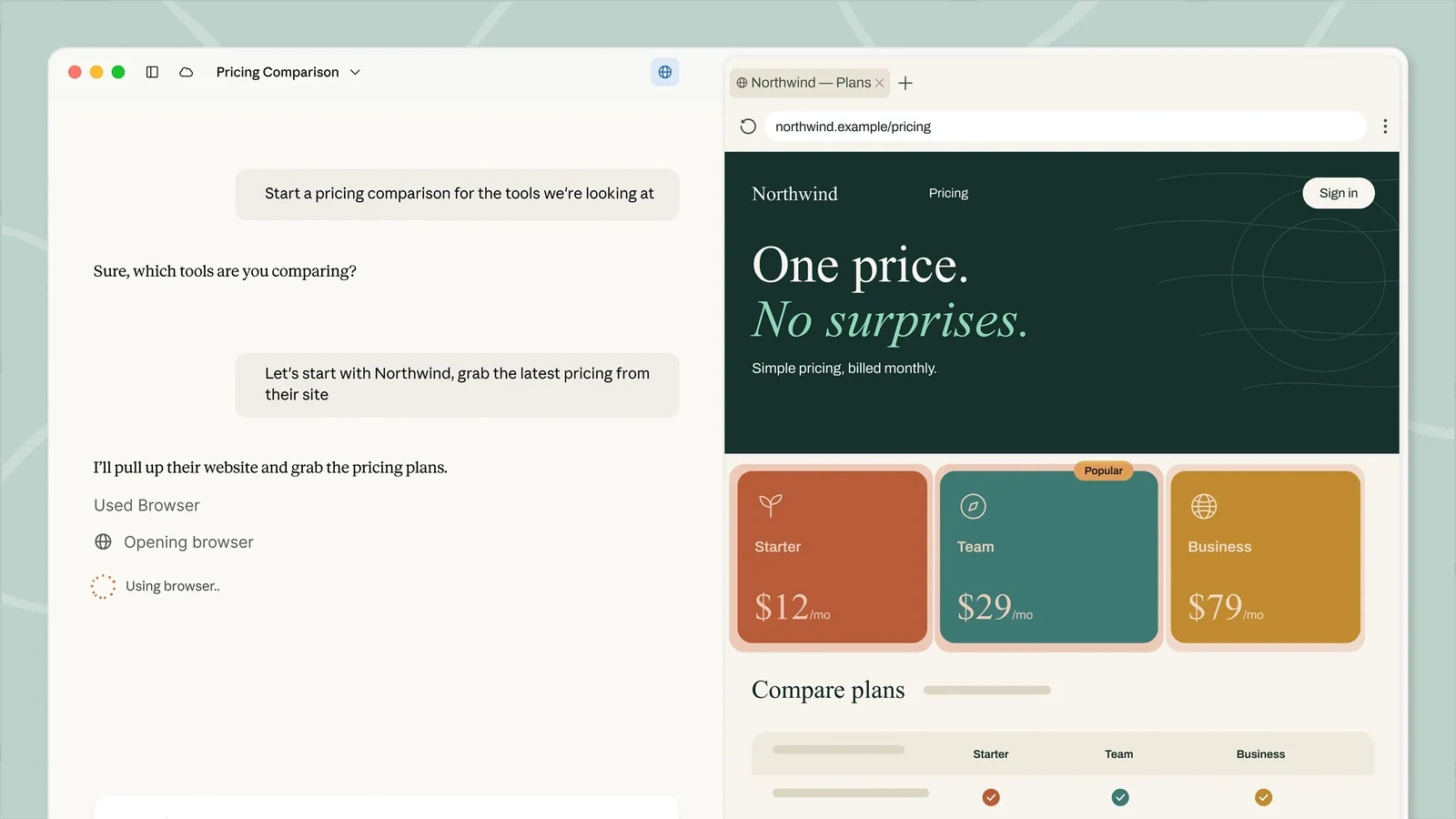 Claude Cowork using its in-app browser to compare pricing.
