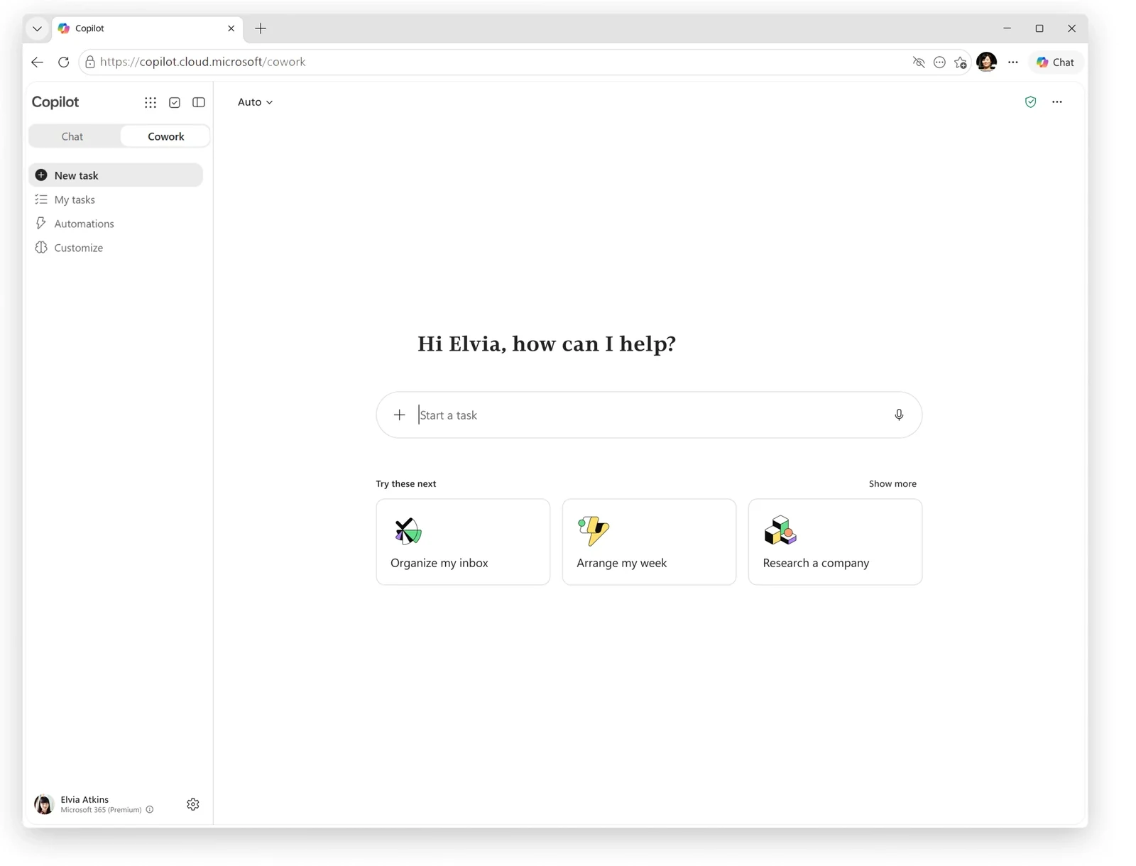 Microsoft 365 Copilot Cowork home interface with suggested tasks.
