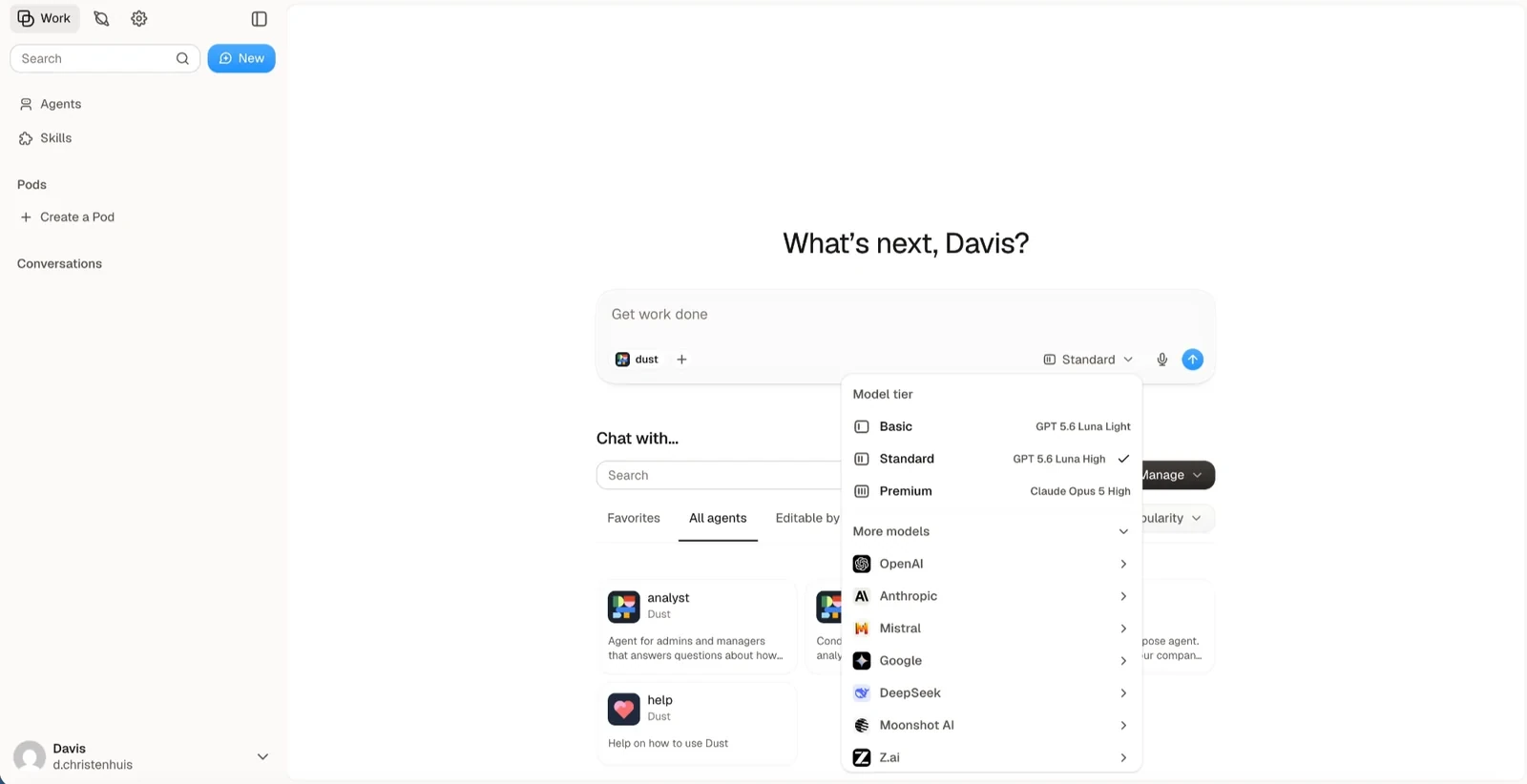 Dust enterprise knowledge assistant interface connected to Notion, Slack, and Google Drive