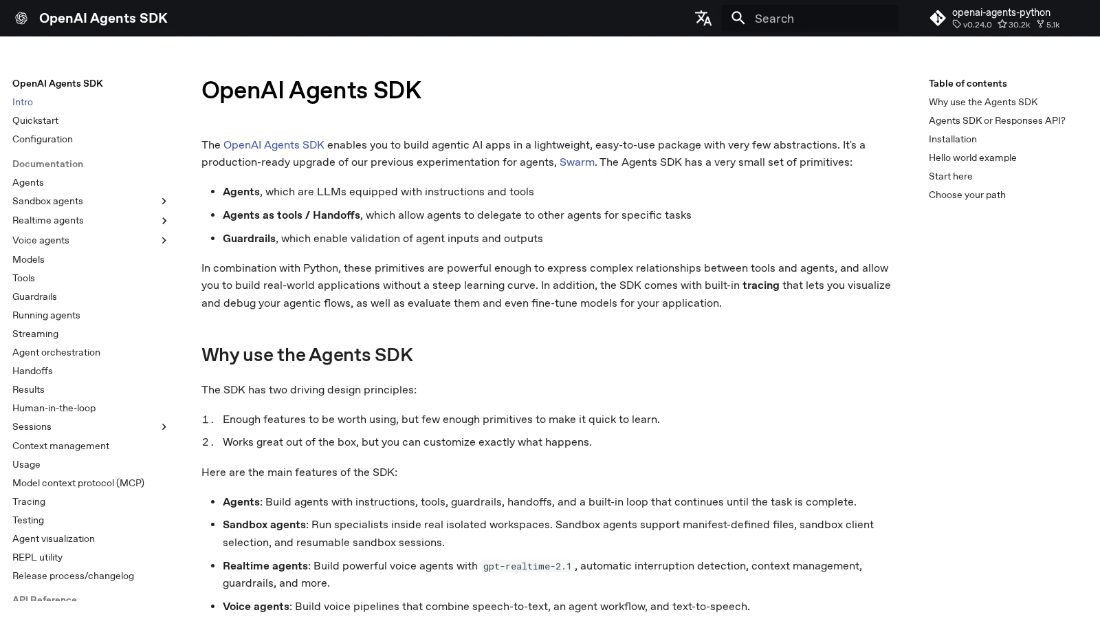 OpenAI Agents SDK documentation showing agents, handoffs, and guardrails
