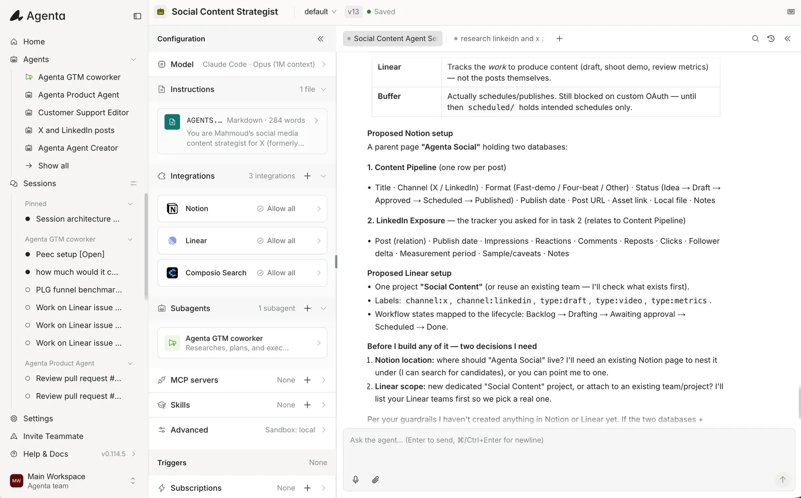 Agenta workspace showing versioned agent instructions, skills, connected integrations, and scheduled automation runs