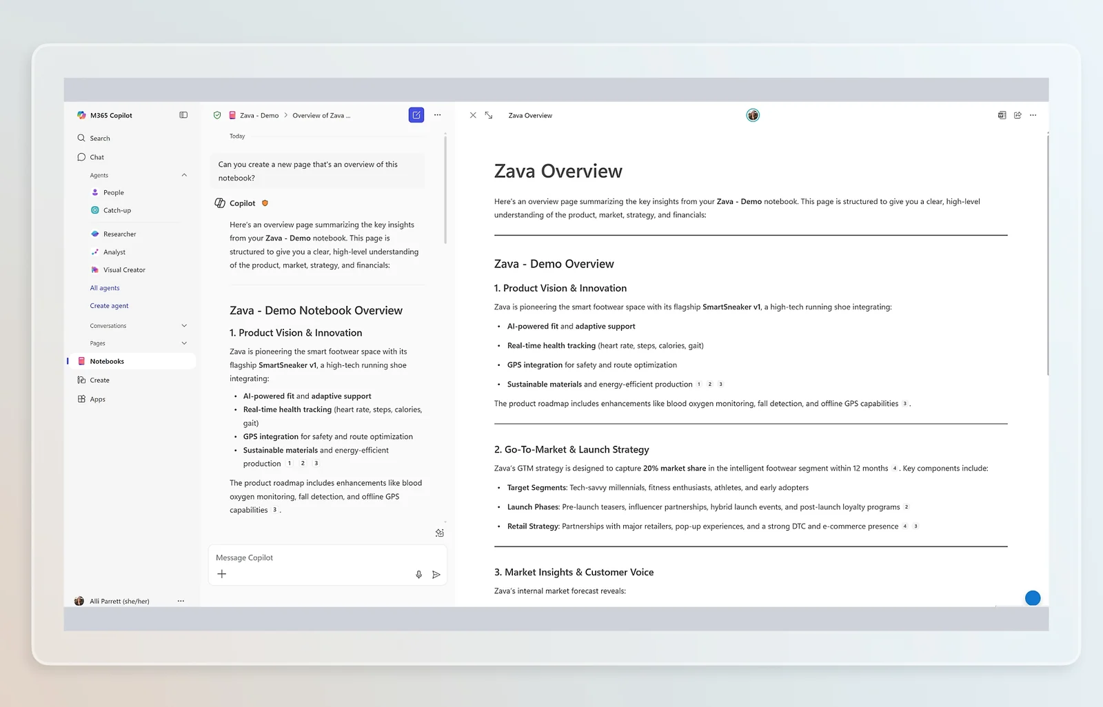 Microsoft 365 Copilot generating a structured project overview page from a notebook
