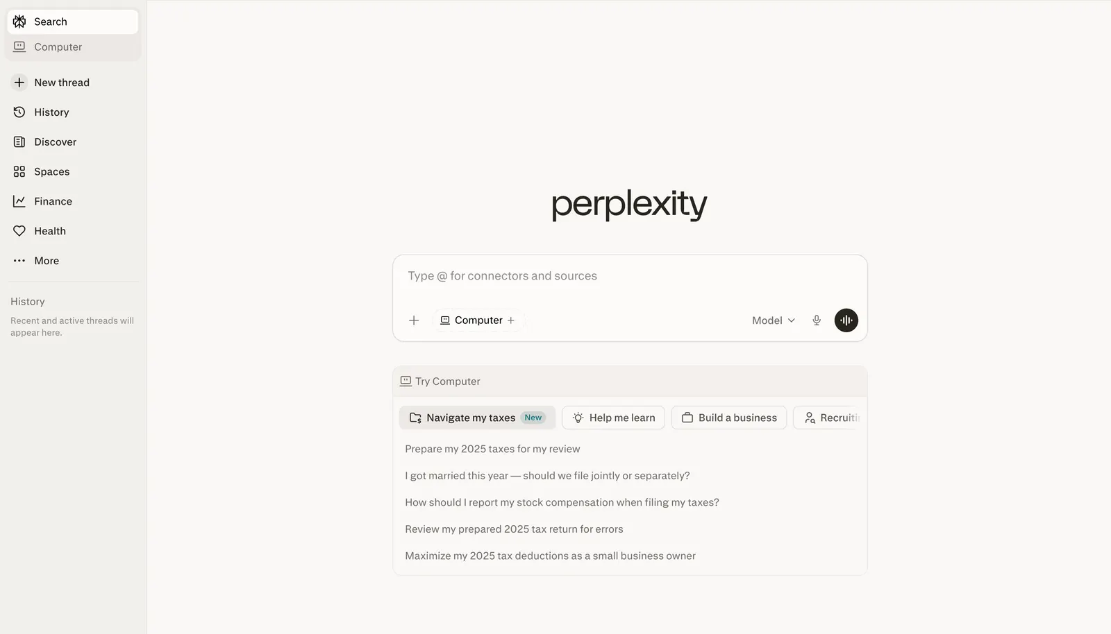 Perplexity Enterprise workspace showing source-backed search, Computer tasks, and Spaces