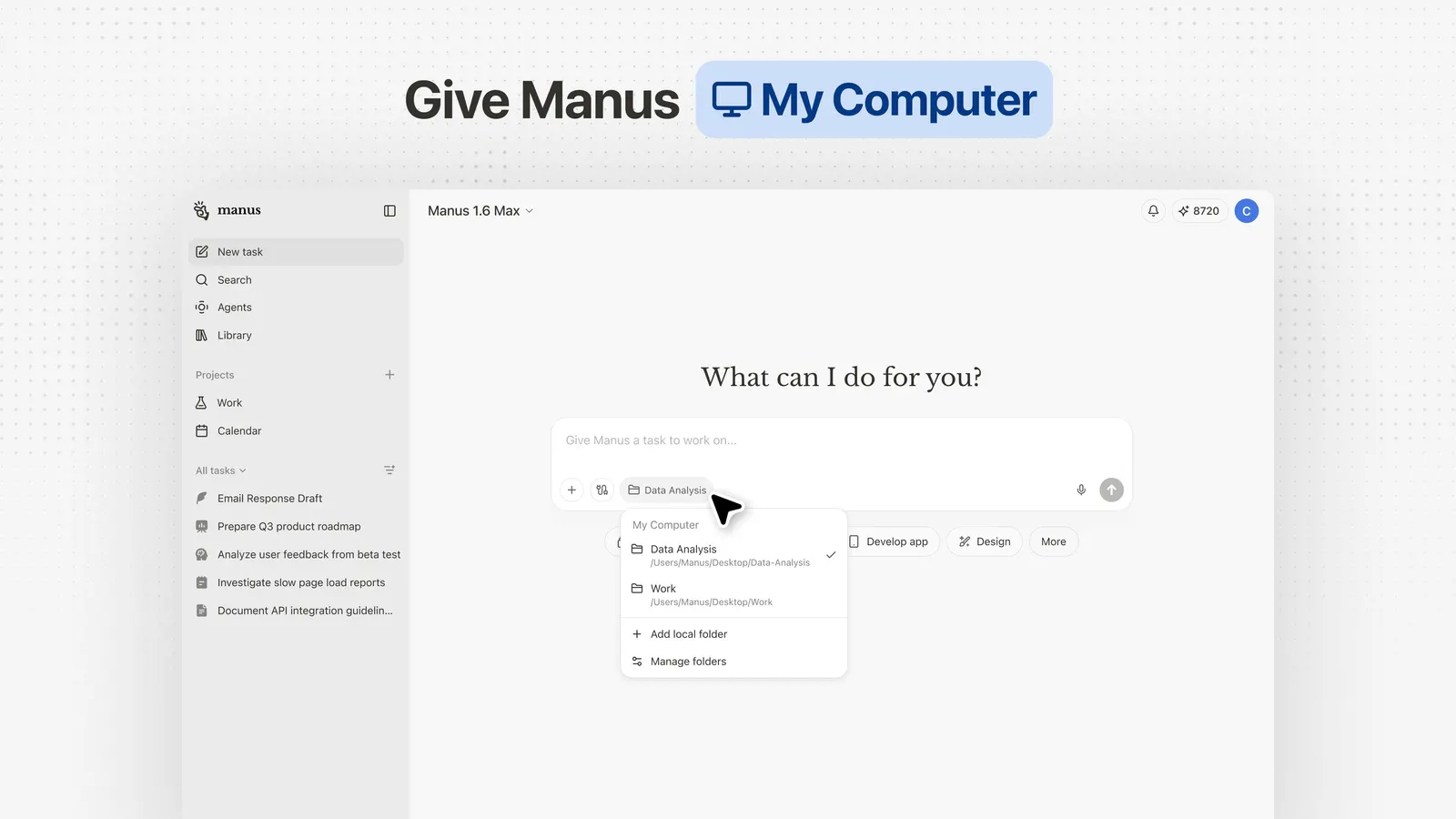Manus task workspace