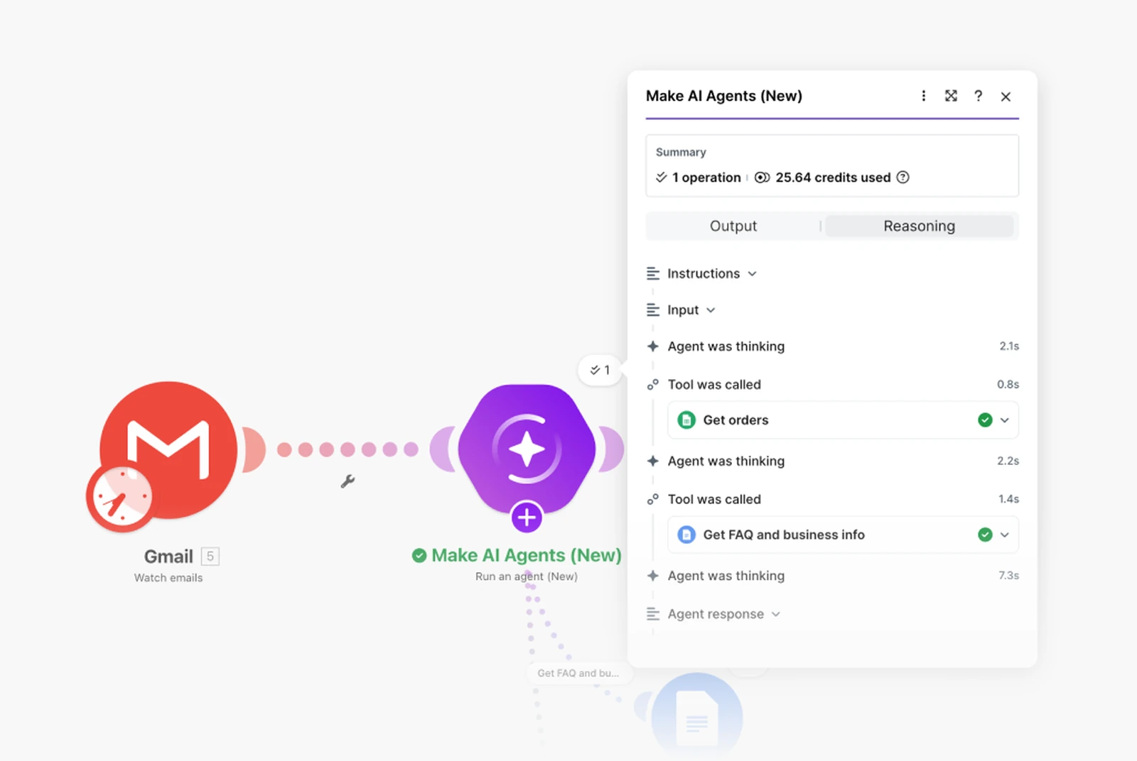 Make visual scenario editor showing connected app modules, routers, and an AI agent step