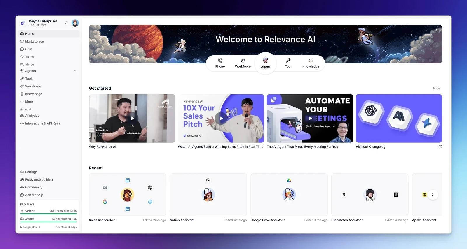 Relevance AI Workforce canvas showing multi-agent handoffs, tool nodes, and conditional routing