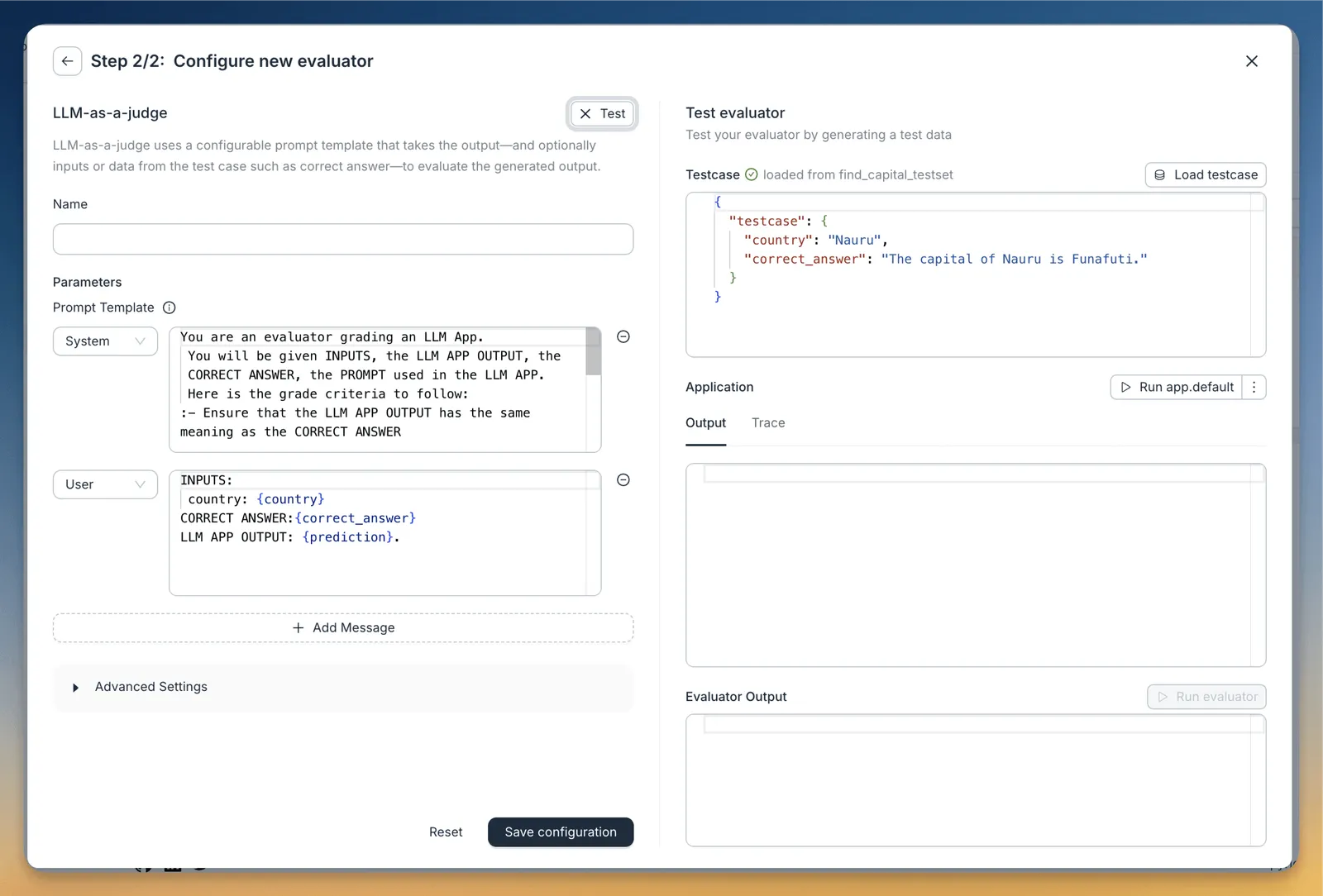 Example using Agenta’s LLM-as-a-judge feature