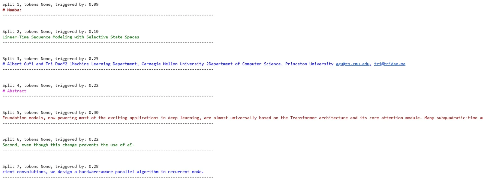 Screeshot showing the results of consecutive chunking