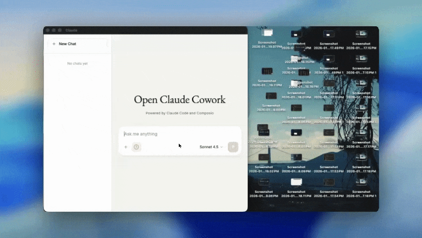 Open Claude Cowork desktop interface and tool activity
